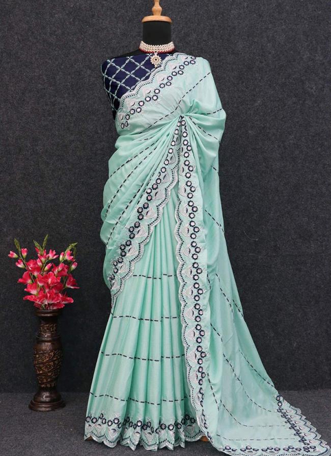 Chinon Silk Sky Blue Party Wear Silver Zari Work Saree